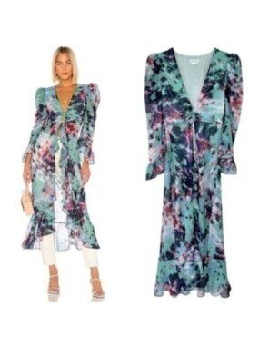 Lovers + Friends Gianna Watercolor Tie Dye Ruffle Puff Sleeve Top Size S